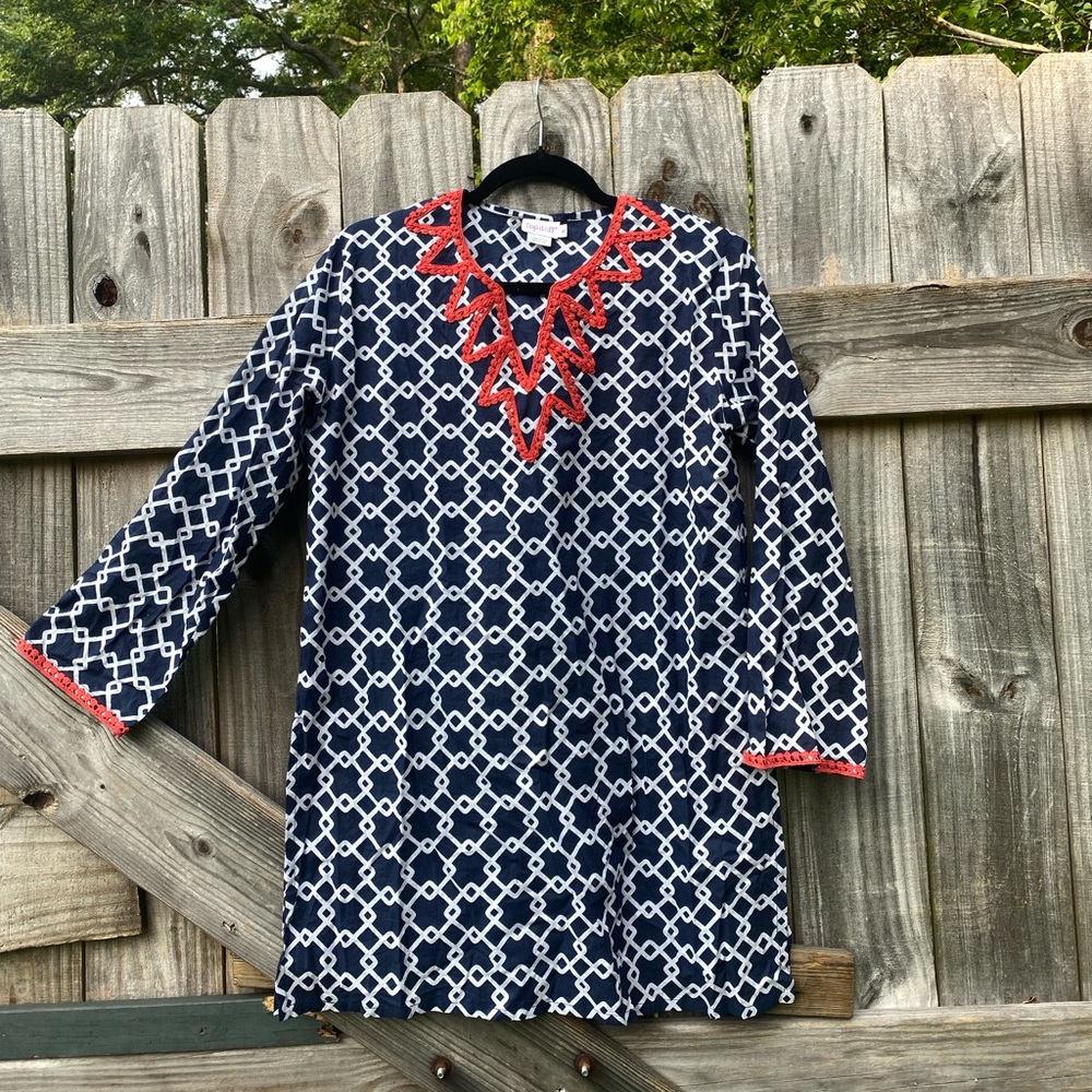 Navy and Coral Cotton Patterned Tunic Sz S